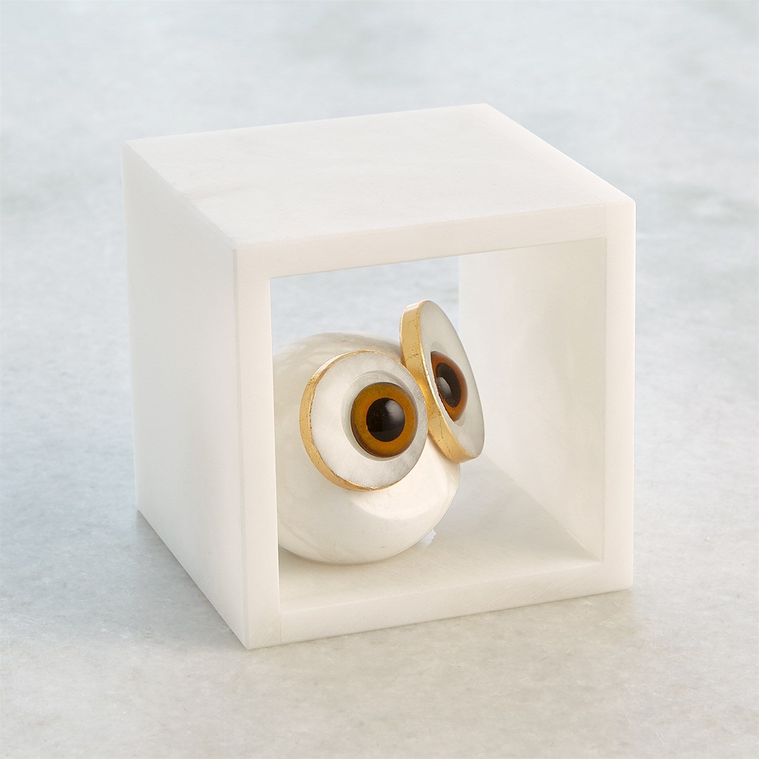 Global Views, Alabaster Big Eyed Owl in Cube