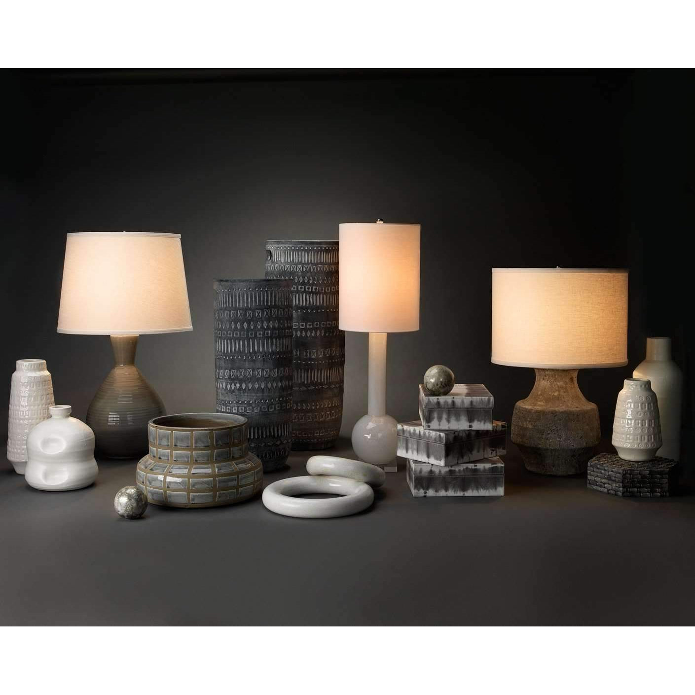 Jamie Young, Ash Table Lamp in Grey Ceramic with Large Cone Shade in White Linen