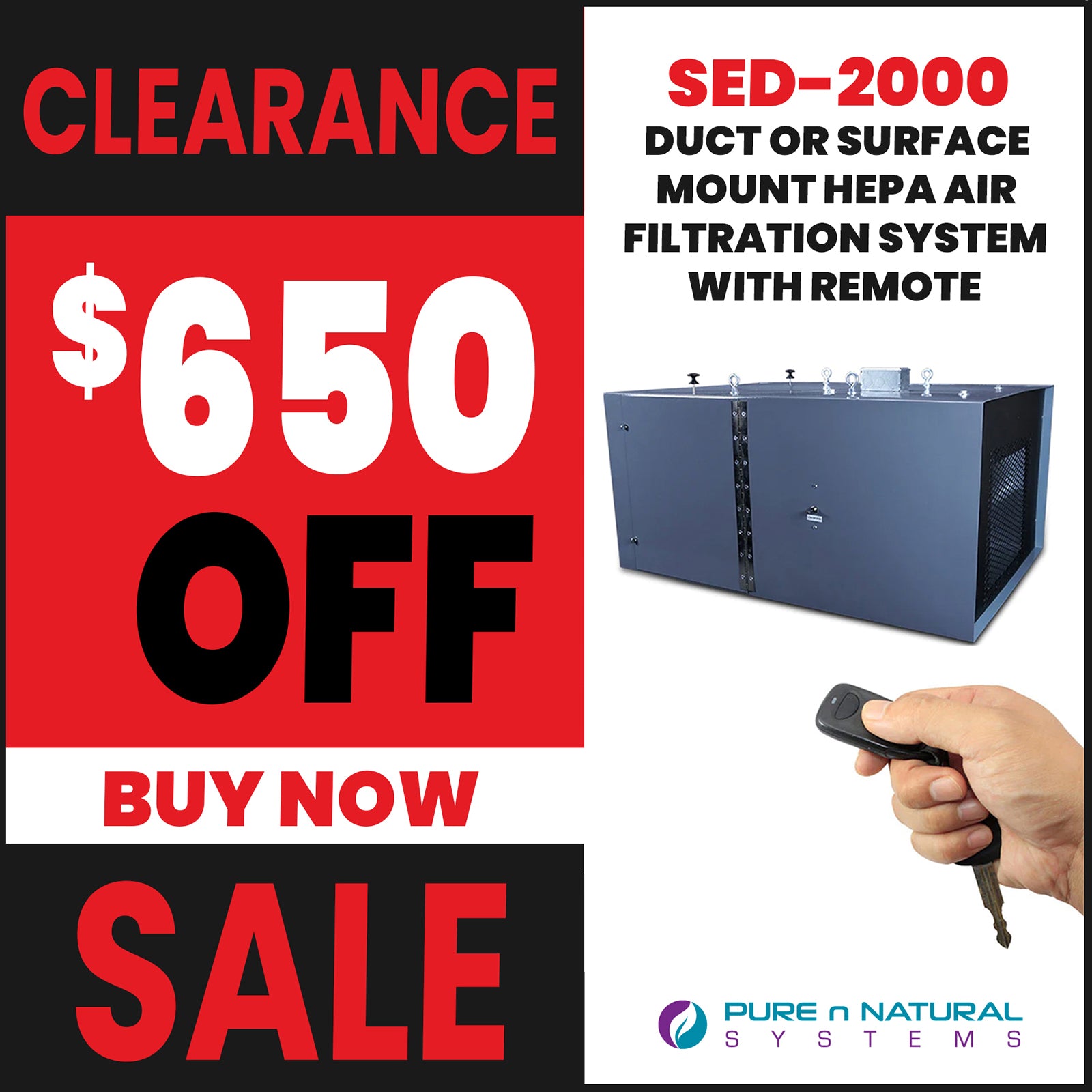 Pure n Natural, SED-2000 Surface or Ducted HEPA Air Filtration System with Remote | 1450-1650 CFM