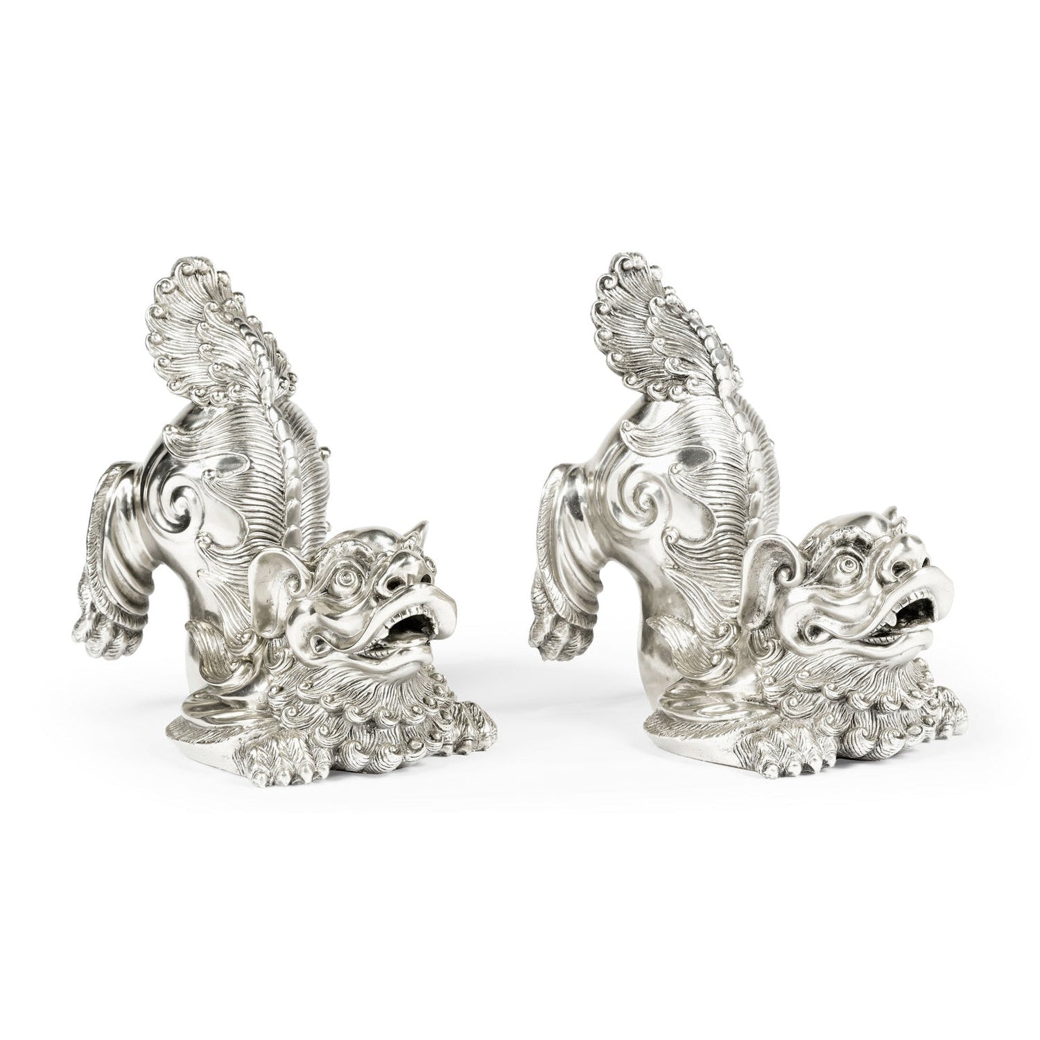 Jonathan Charles, White Stainless Steel Foo Dog Bookends