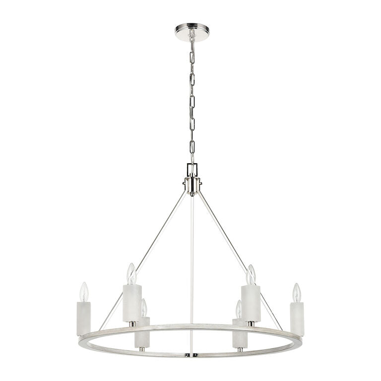 Elk Home, White Stone 30'' Wide 6 - Light Chandelier - Polished Nickel