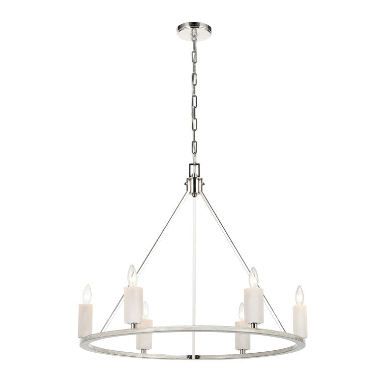 Elk Home, White Stone 30'' Wide 6 - Light Chandelier - Polished Nickel