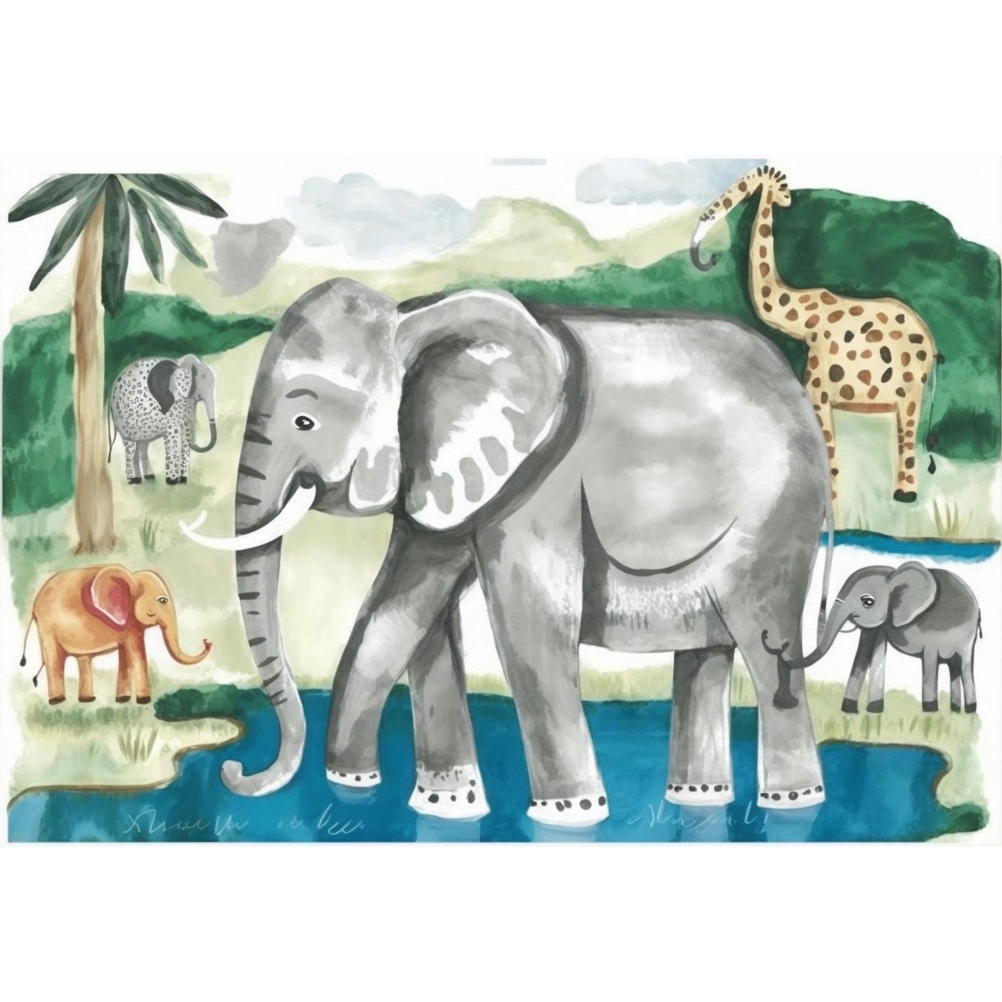 FASart, Wild Safari: A Stunning Illustration of Elephants and a Giraffe in the Jungle - Limited Edition Print