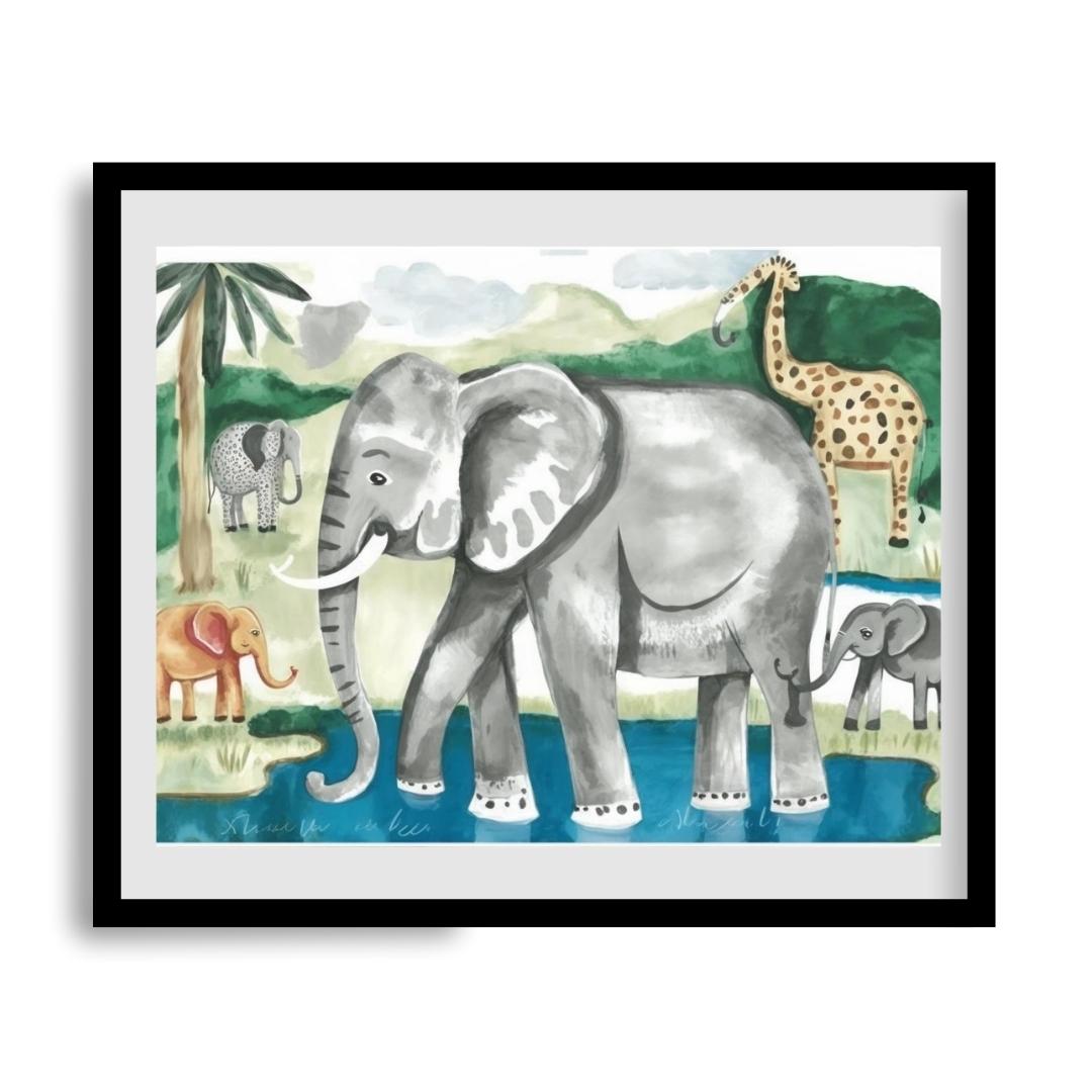 FASart, Wild Safari: A Stunning Illustration of Elephants and a Giraffe in the Jungle - Limited Edition Print