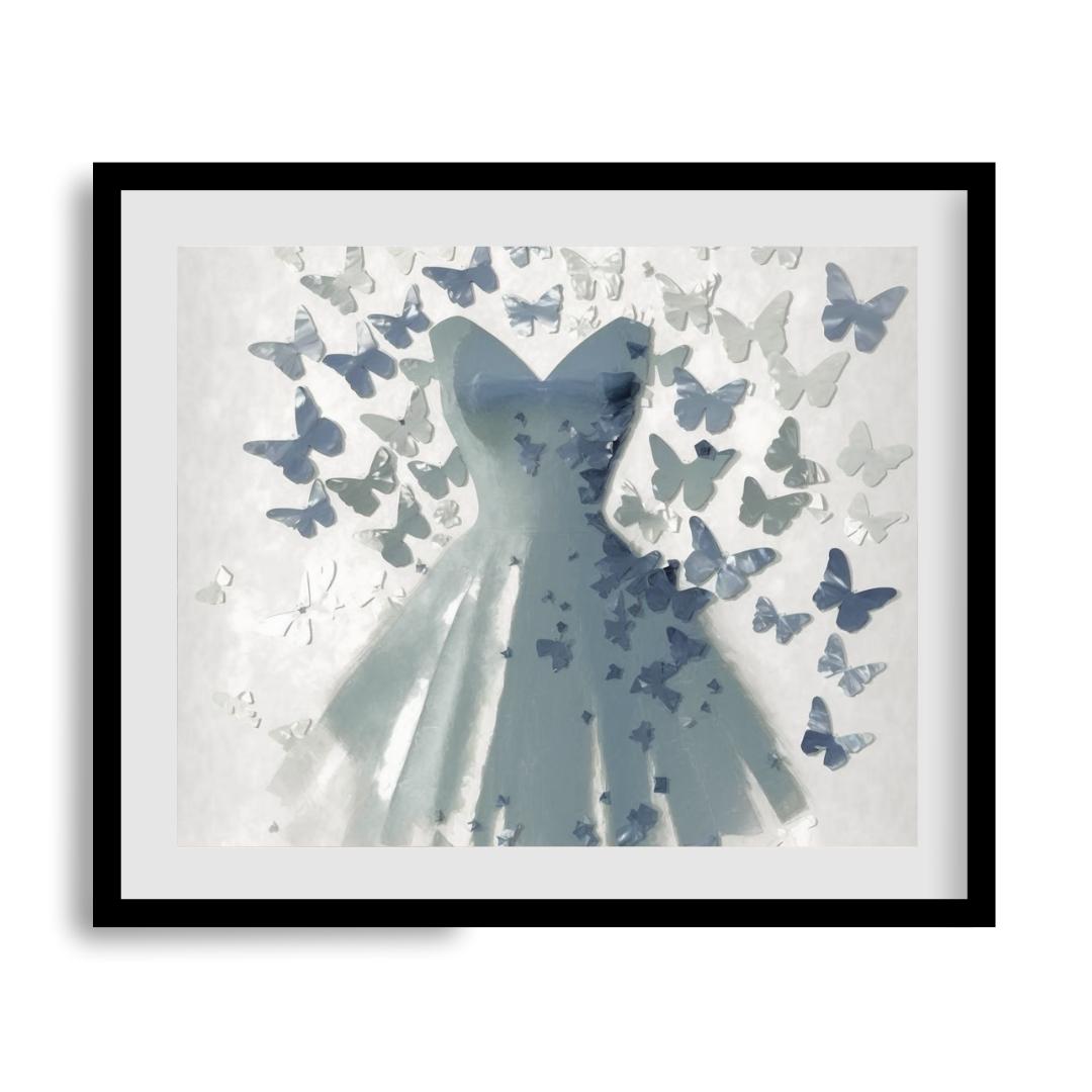 FASart, Wings of Blue: A Dress Set Against a Butterfly Background - Limited Edition Print